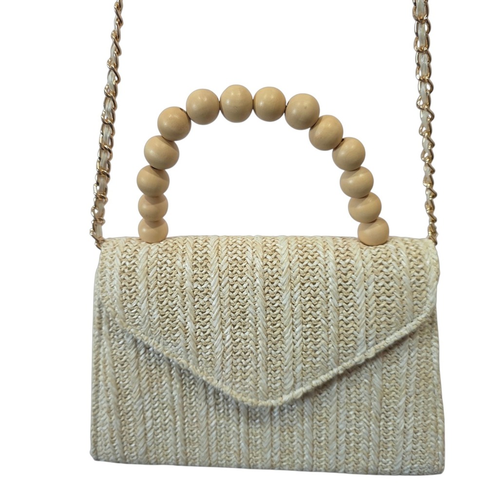 Haute Hippie Style Woven Straw Bag Wood Bead Handle Chain Crossbody Boho Cream